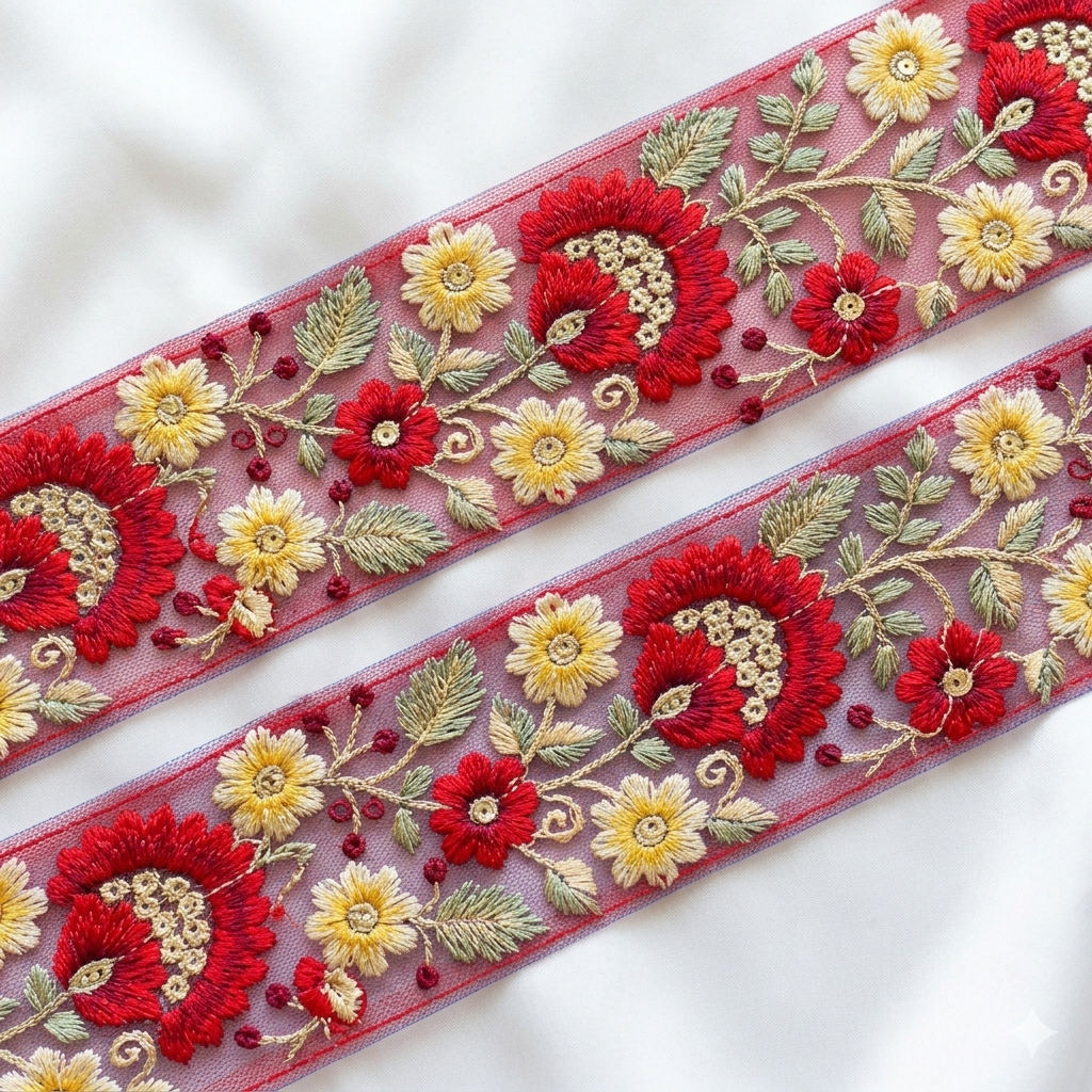 Handcrafted Floral Embroidered Lace Trim with Sequin Detailing