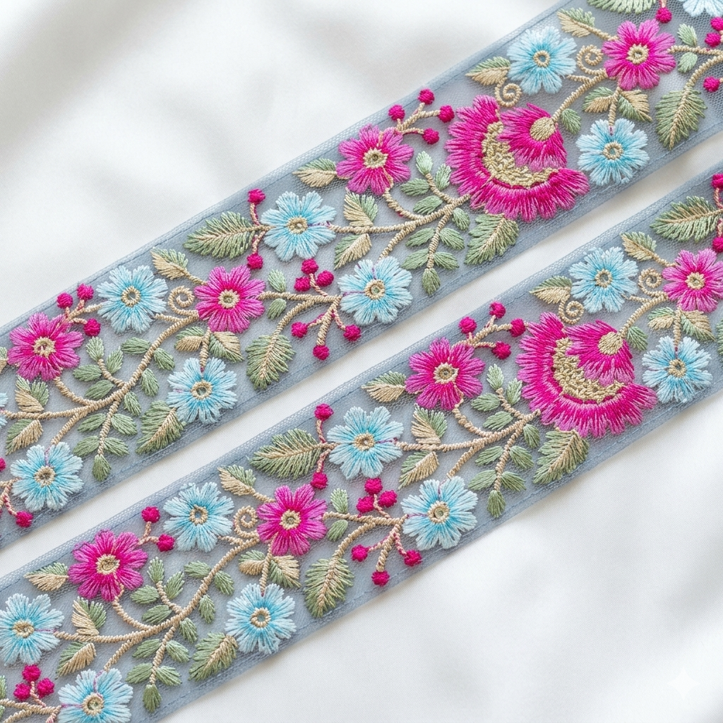 Handcrafted Floral Embroidered Lace Trim with Sequin Detailing