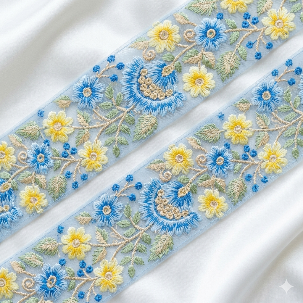 Handcrafted Floral Embroidered Lace Trim with Sequin Detailing