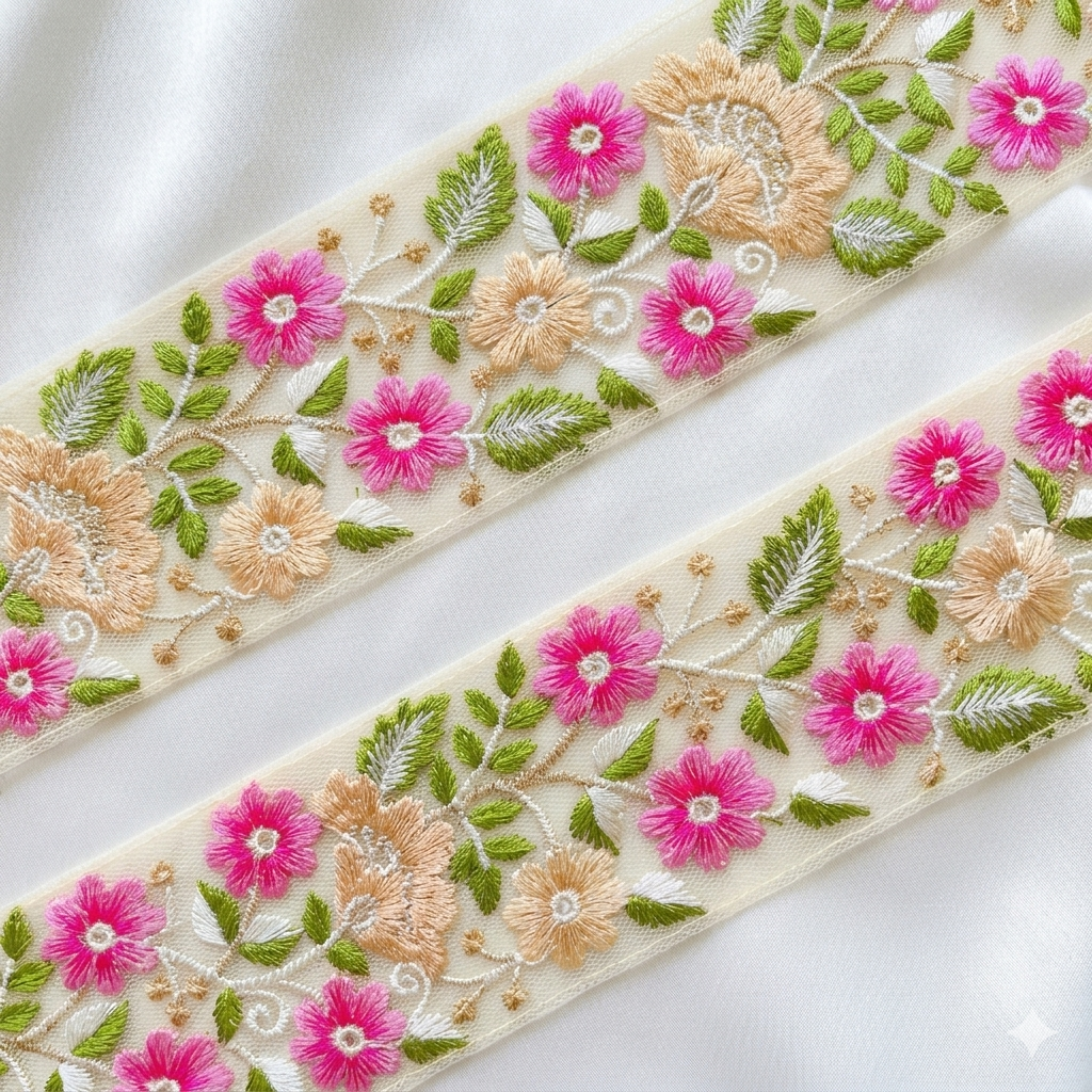 Handcrafted Floral Embroidered Lace Trim with Sequin Detailing