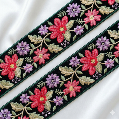 Handcrafted Floral Embroidered Lace Trim with Vine Pattern