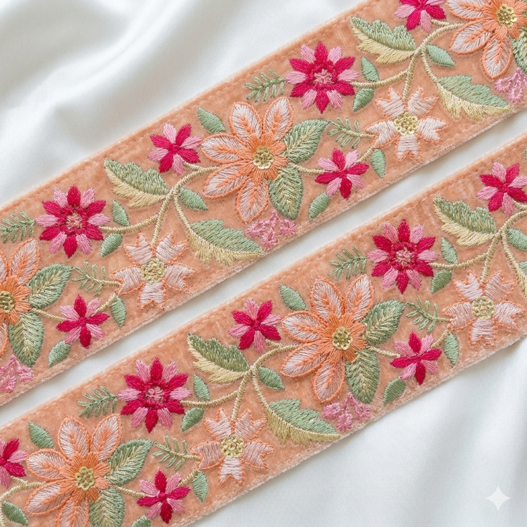 Handcrafted Floral Embroidered Lace Trim with Vine Pattern