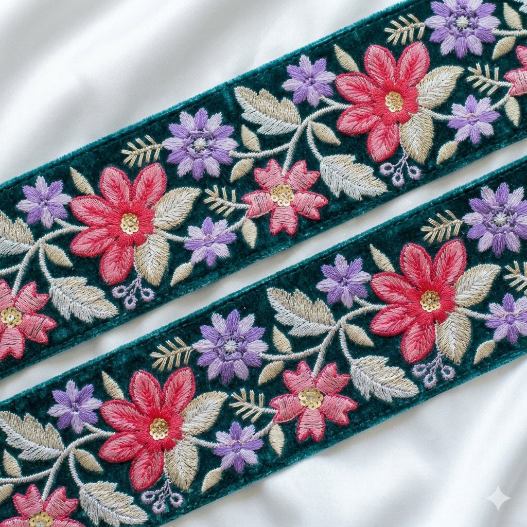 Handcrafted Floral Embroidered Lace Trim with Vine Pattern