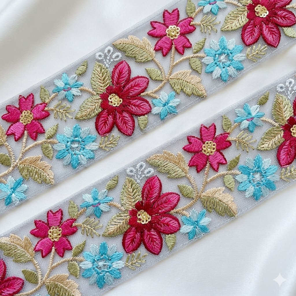 Handcrafted Floral Embroidered Lace Trim with Vine Pattern