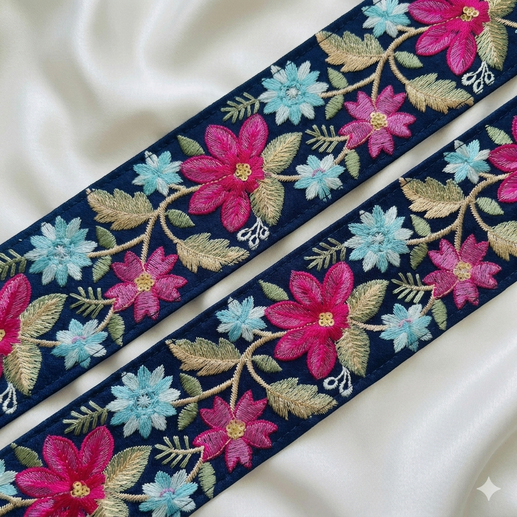 Handcrafted Floral Embroidered Lace Trim with Vine Pattern