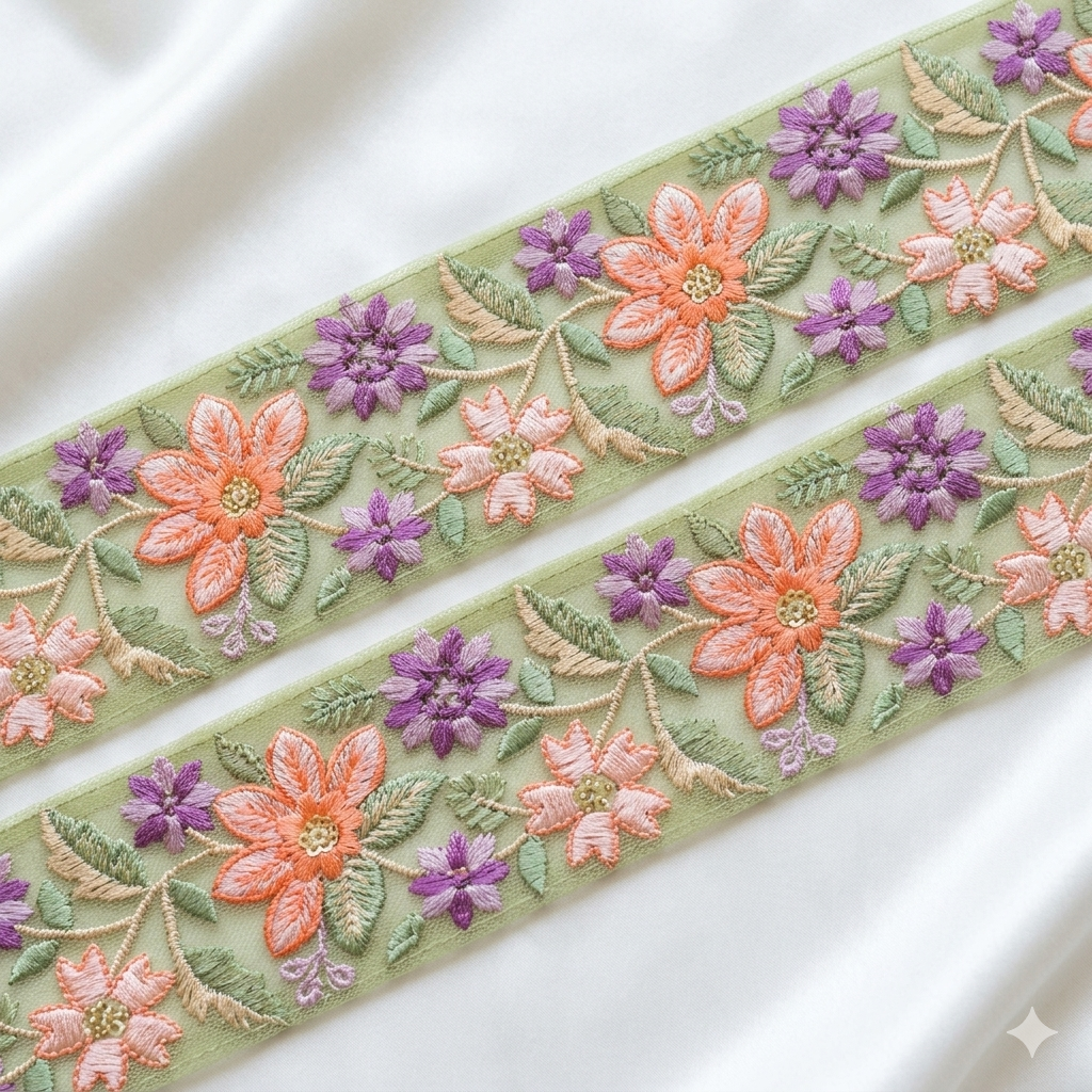 Handcrafted Floral Embroidered Lace Trim with Vine Pattern