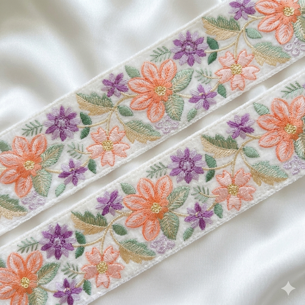 Handcrafted Floral Embroidered Lace Trim with Vine Pattern