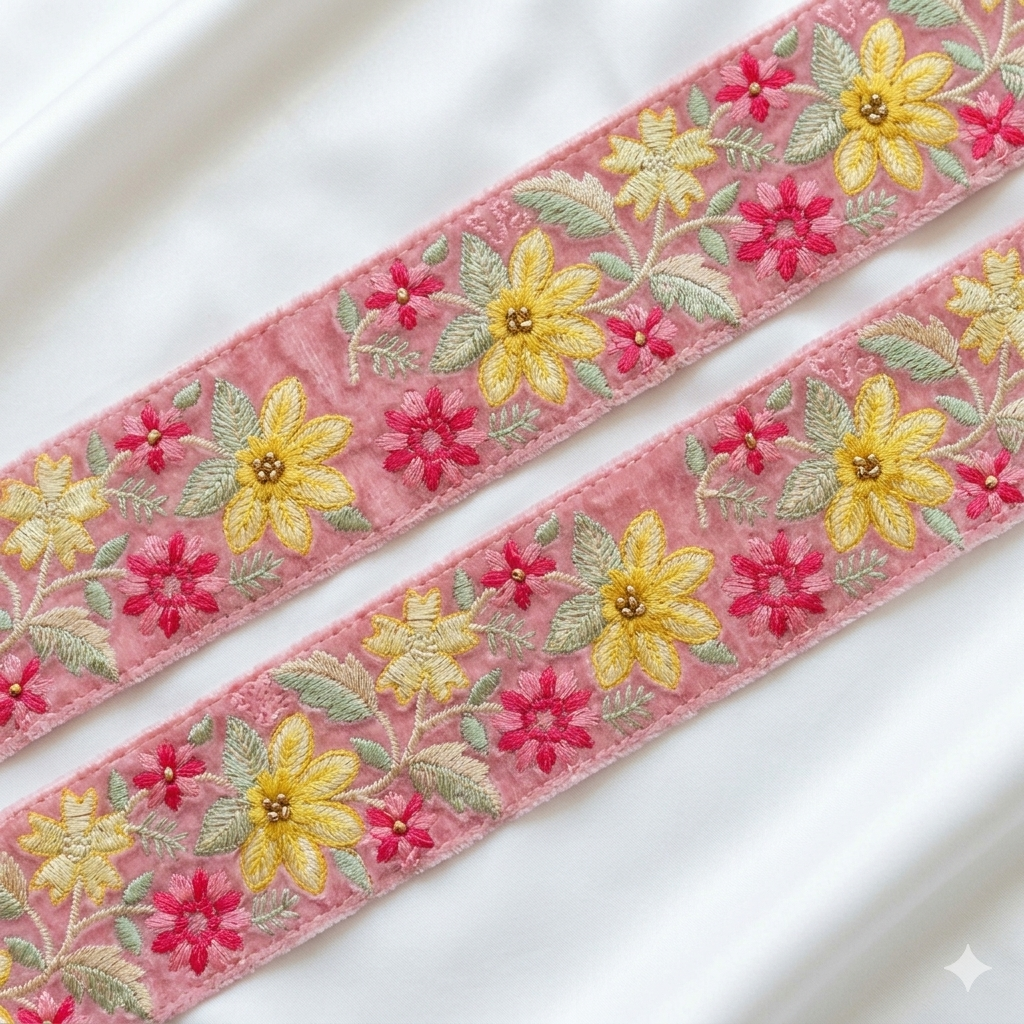 Handcrafted Floral Embroidered Lace Trim with Vine Pattern