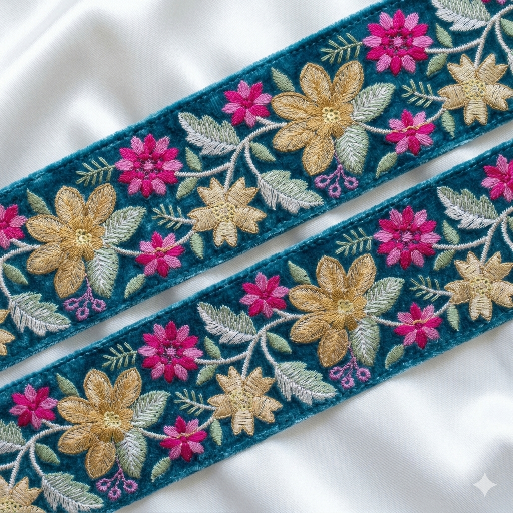 Handcrafted Floral Embroidered Lace Trim with Vine Pattern