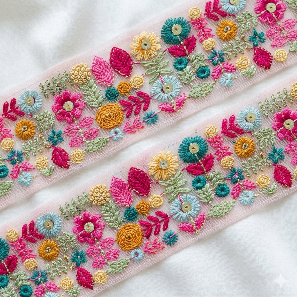 Handcrafted Multicolor Floral Embroidery Lace Border on Net