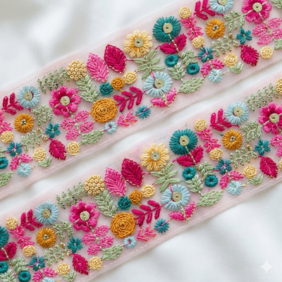 Handcrafted Multicolor Floral Embroidery Lace Border on Net