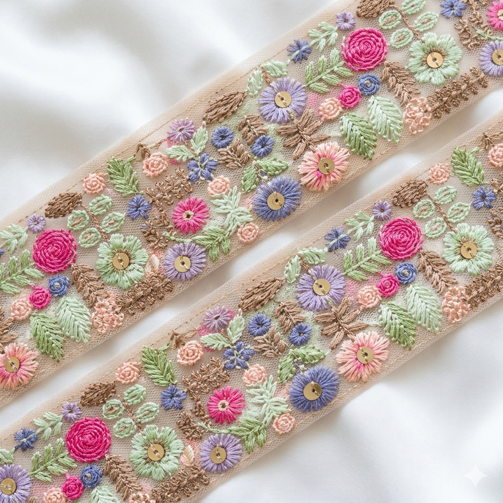 Handcrafted Multicolor Floral Embroidery Lace Border on Net