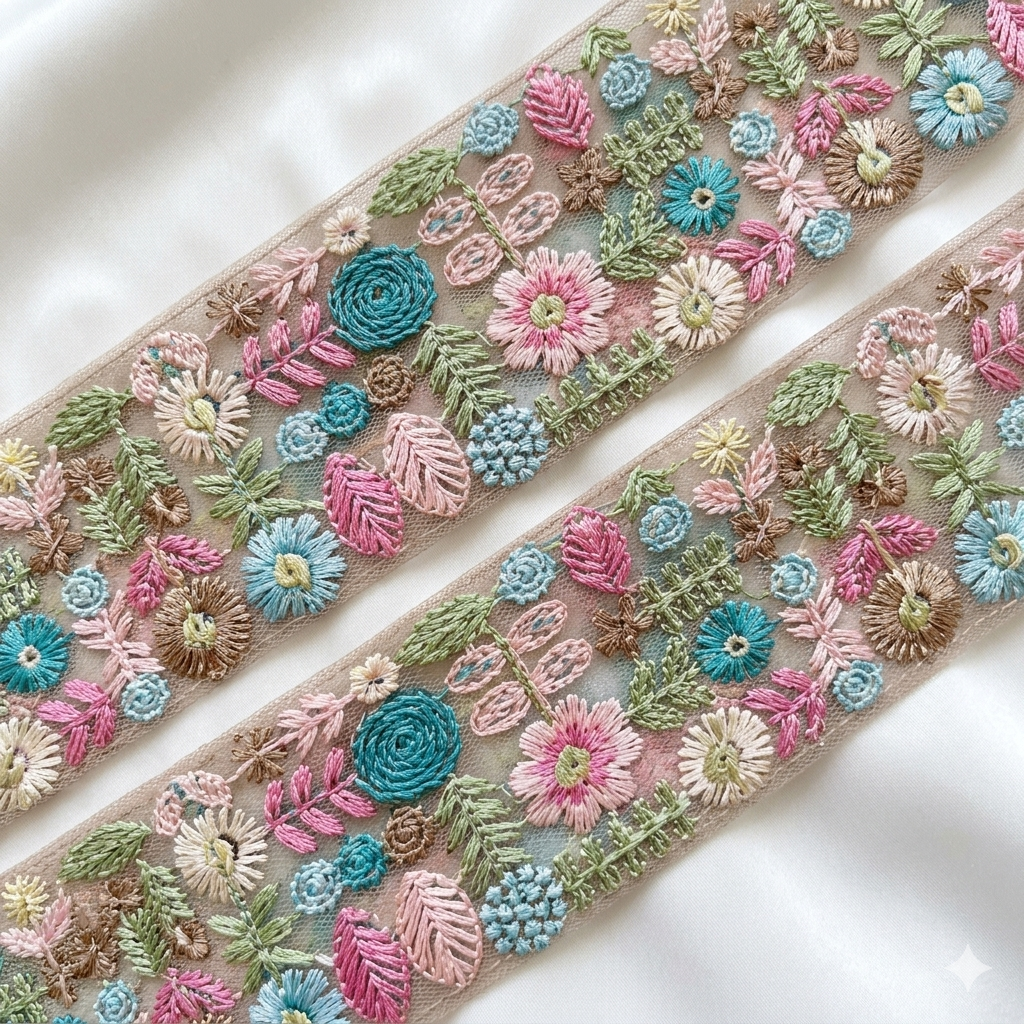 Handcrafted Multicolor Floral Embroidery Lace Border on Net