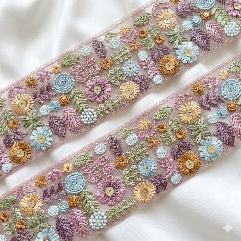Handcrafted Multicolor Floral Embroidery Lace Border on Net