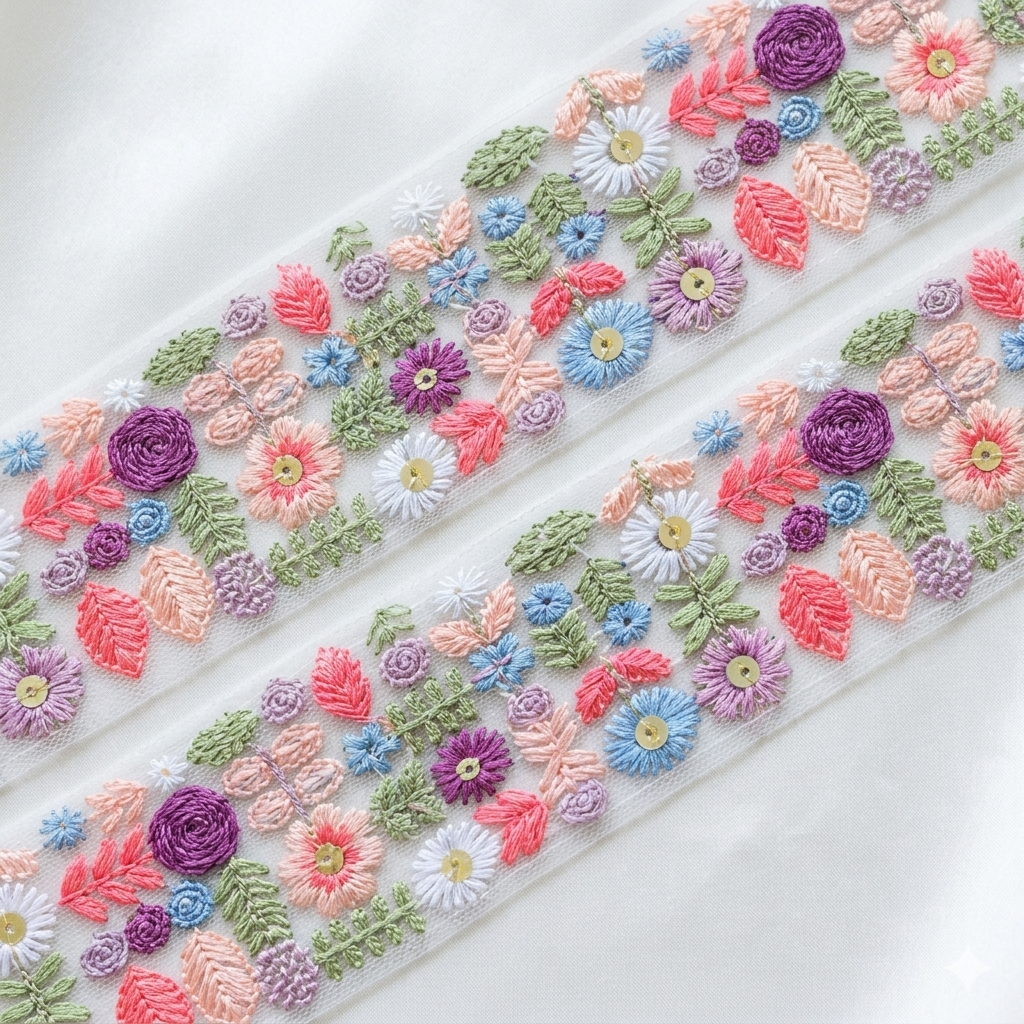 Handcrafted Multicolor Floral Embroidery Lace Border on Net