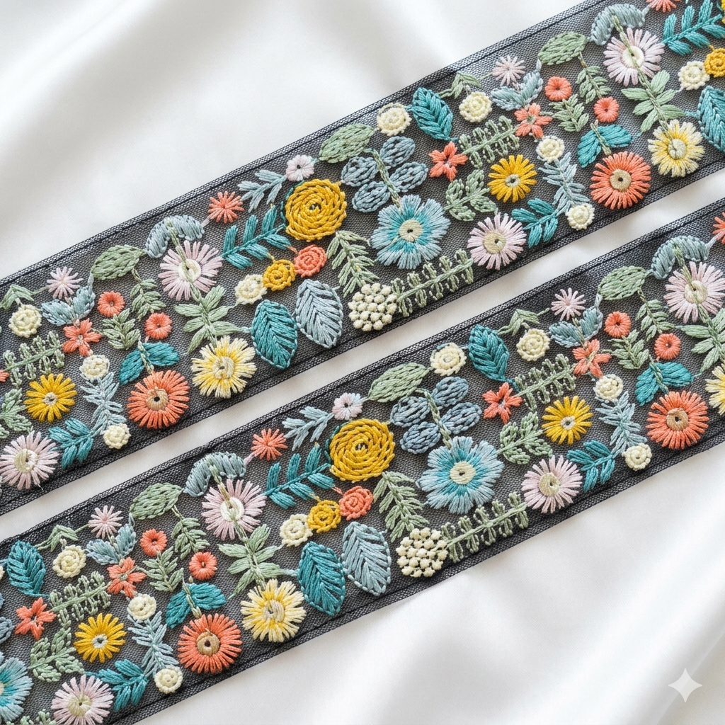 Handcrafted Multicolor Floral Embroidery Lace Border on Net