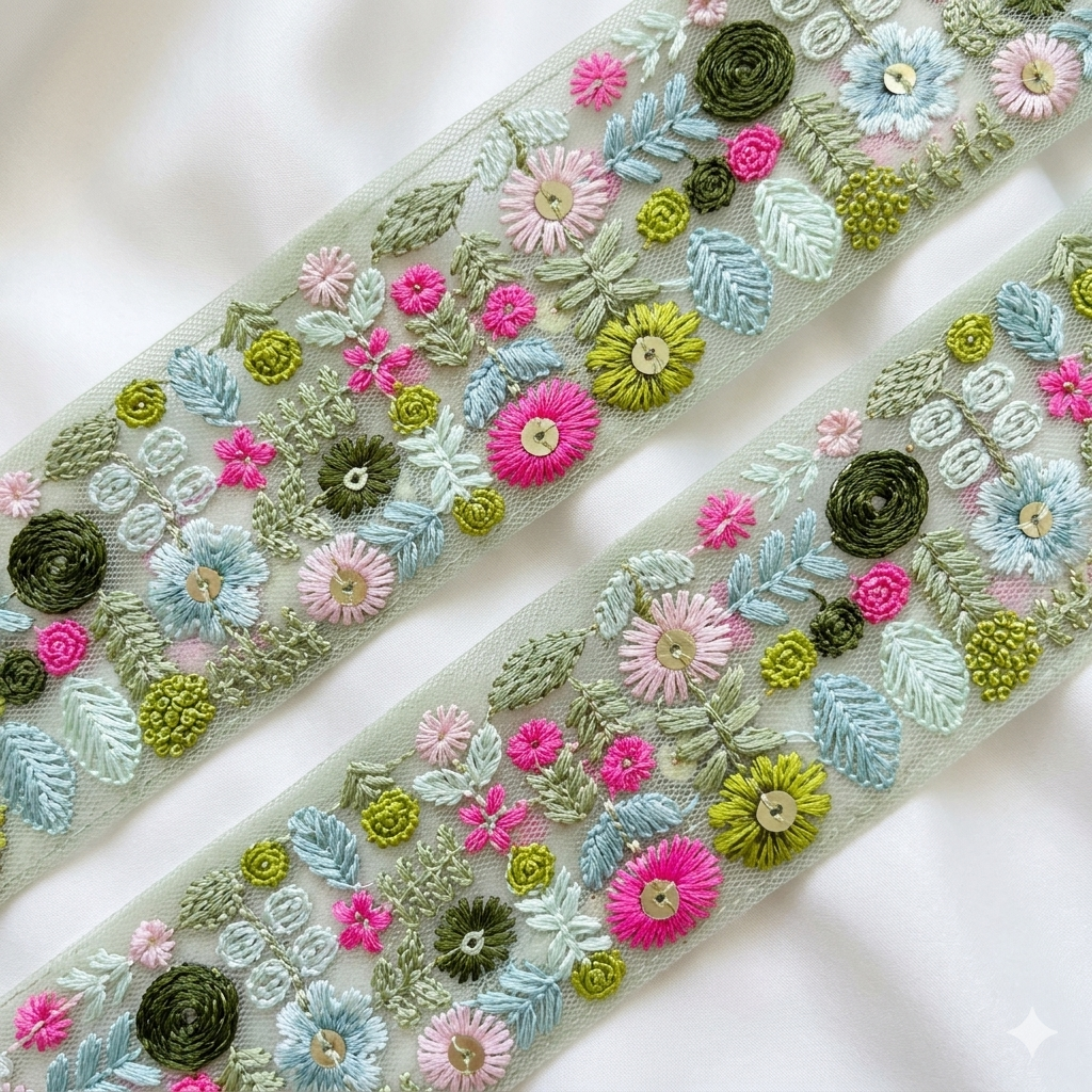 Handcrafted Multicolor Floral Embroidery Lace Border on Net