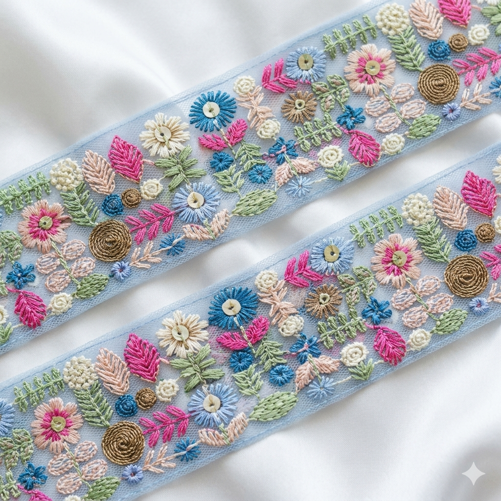 Handcrafted Multicolor Floral Embroidery Lace Border on Net