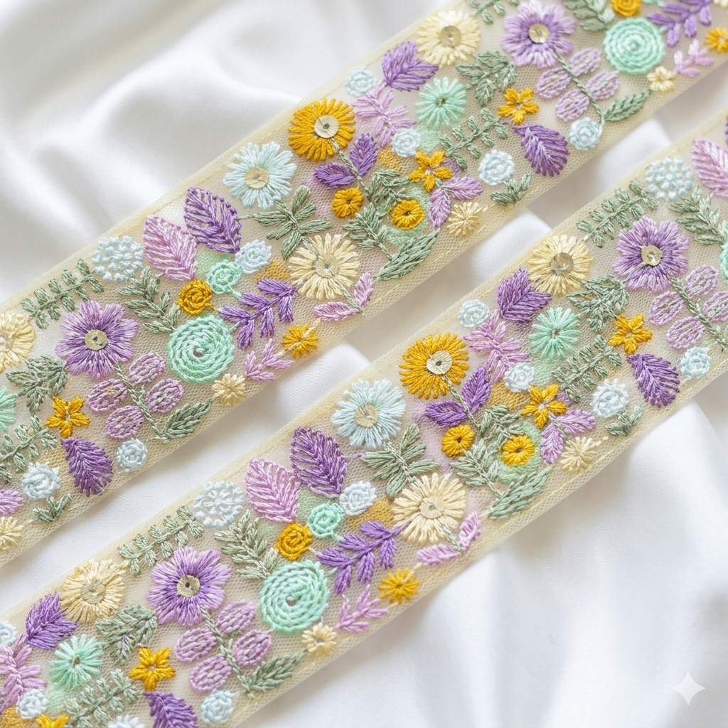 Handcrafted Multicolor Floral Embroidery Lace Border on Net