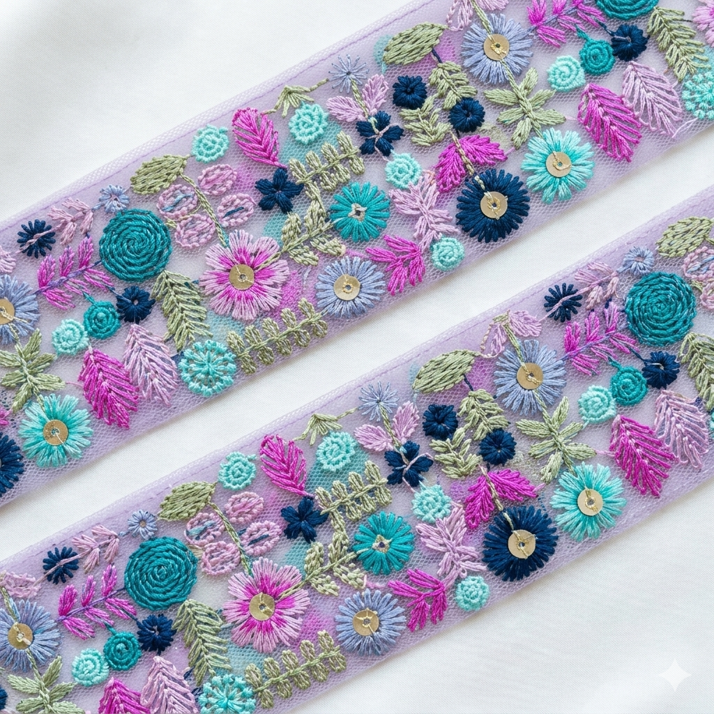 Handcrafted Multicolor Floral Embroidery Lace Border on Net