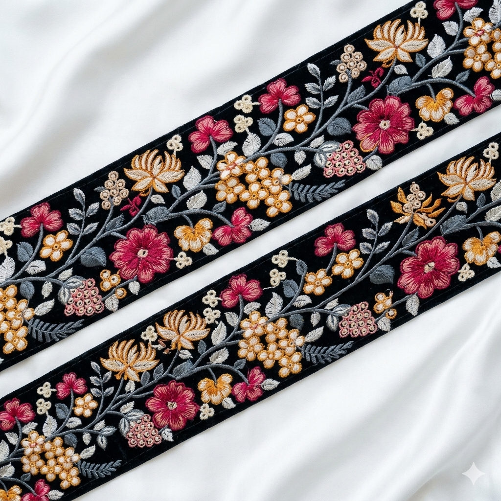 Floral Embroidered Lace Trim Border for Ethnic, Festive & Designer Wear