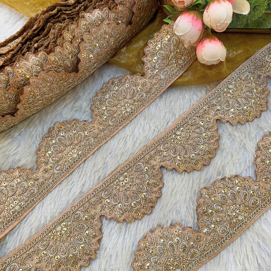 Peach Scalloped Fancy Zari Trim