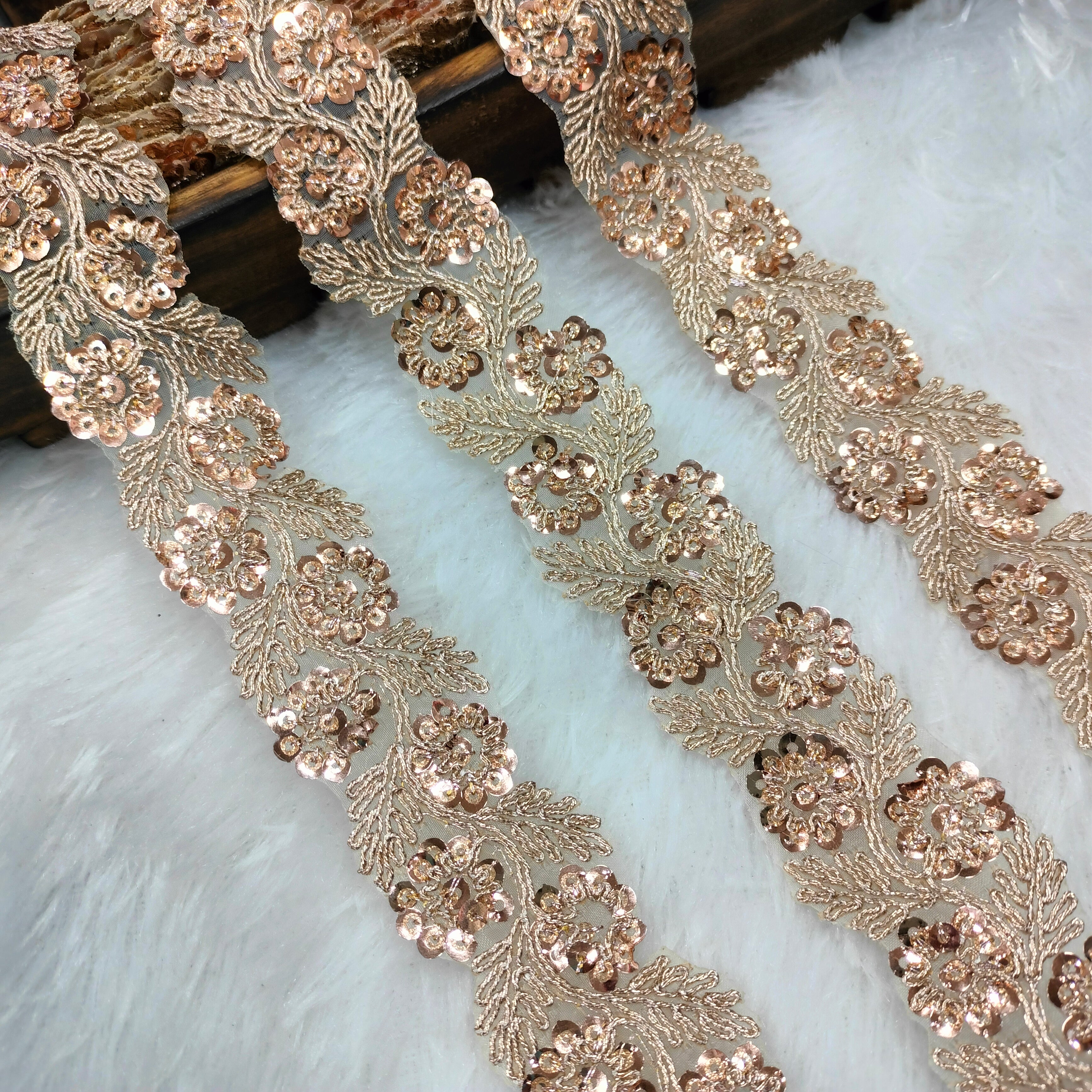 Floral Embroidered Sequin Lace Trim on Sheer Base for Bridal & Designer Wear