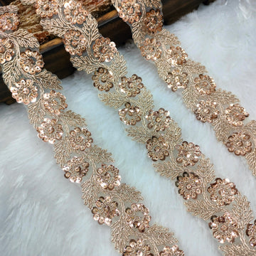 Floral Embroidered Sequin Lace Trim on Sheer Base for Bridal & Designer Wear