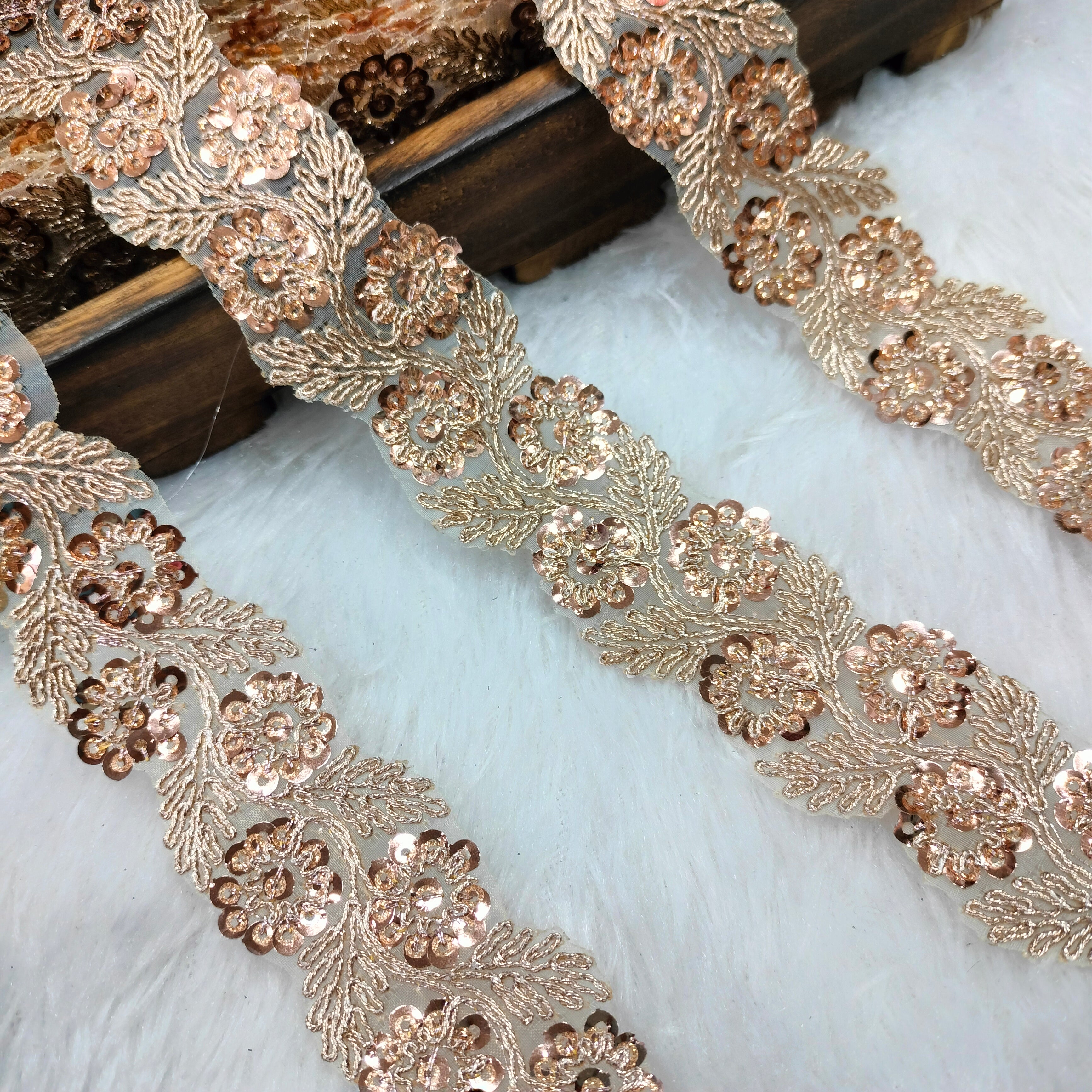 Floral Embroidered Sequin Lace Trim on Sheer Base for Bridal & Designer Wear