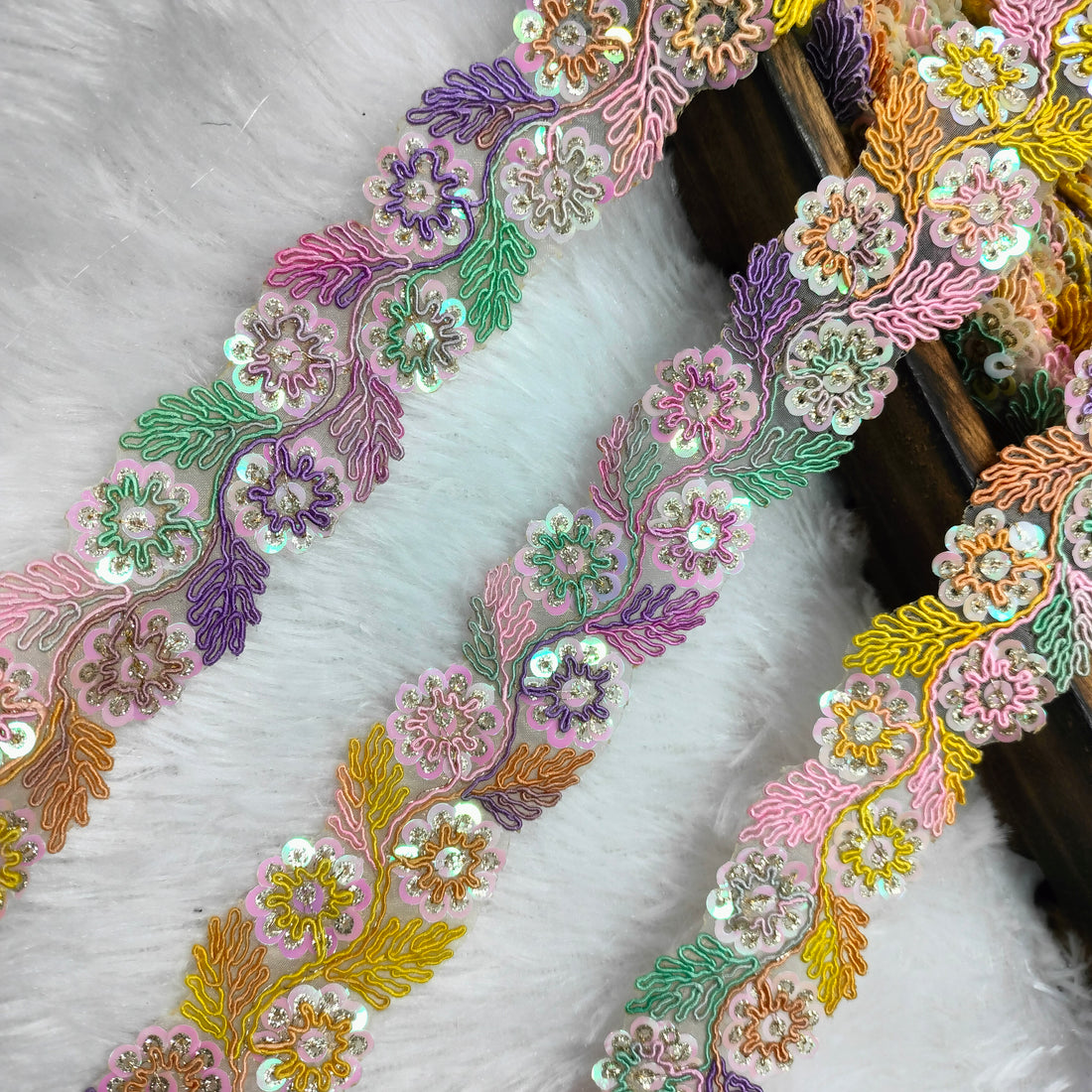 Floral Embroidered Sequin Lace Trim on Sheer Base for Bridal & Designer Wear
