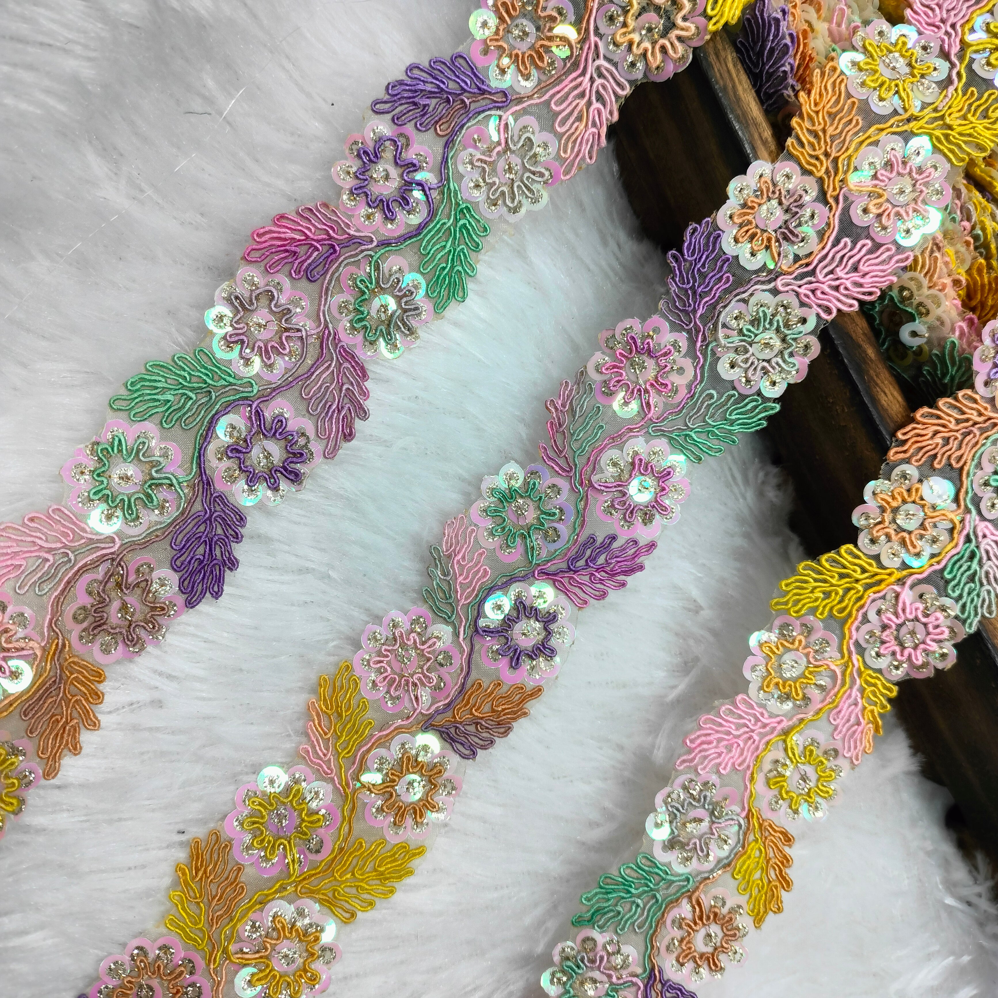 Floral Embroidered Sequin Lace Trim on Sheer Base for Bridal & Designer Wear