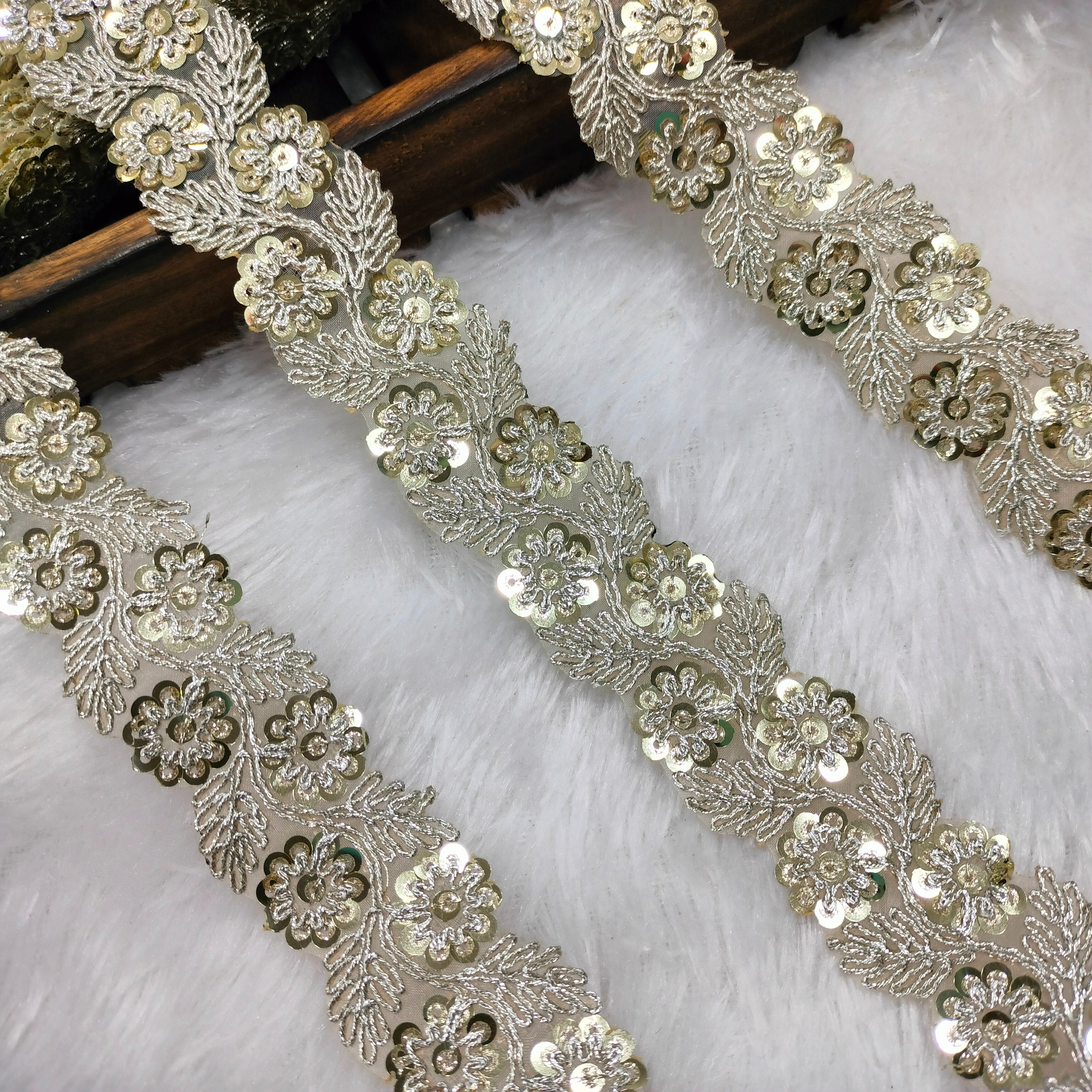 Floral Embroidered Sequin Lace Trim on Sheer Base for Bridal & Designer Wear