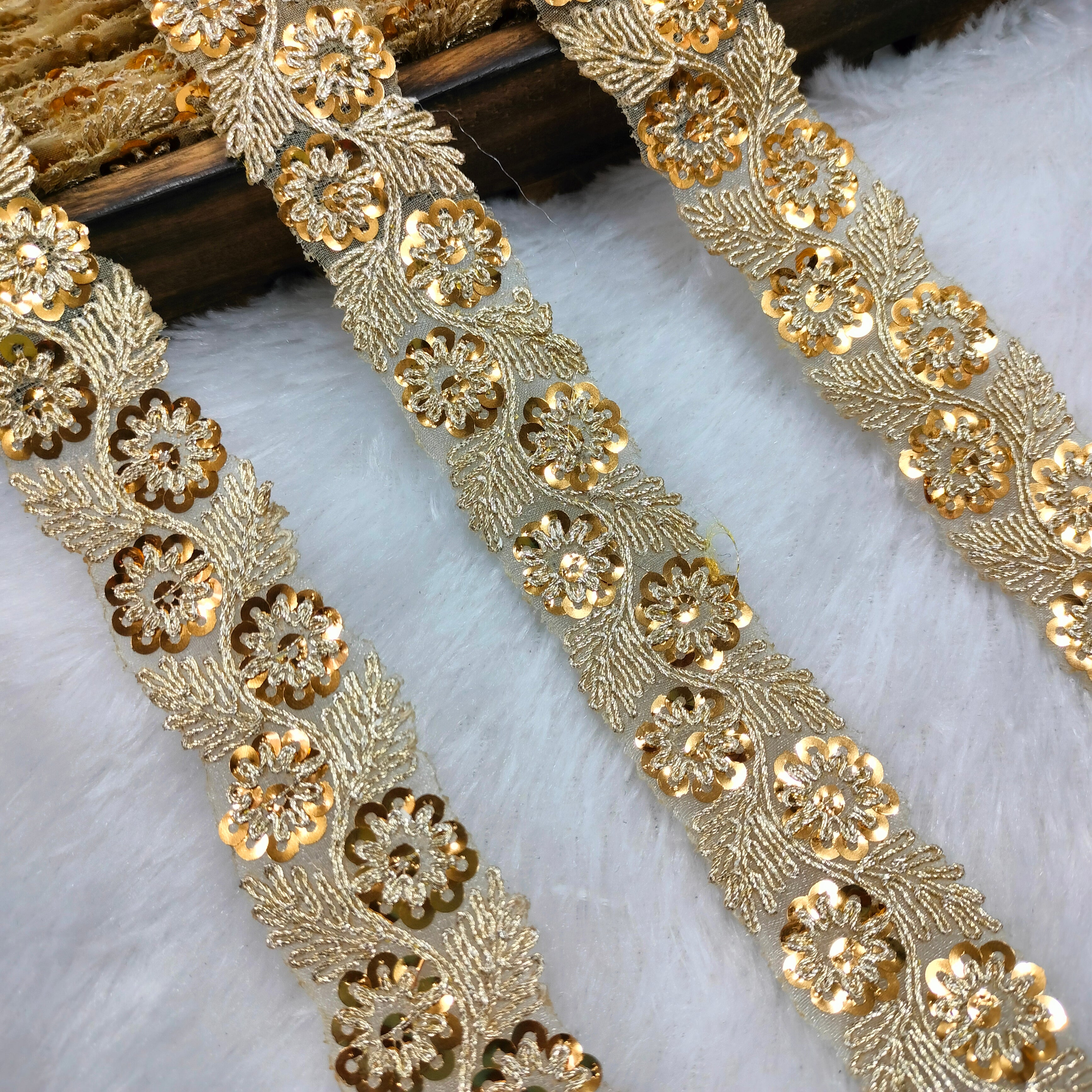 Floral Embroidered Sequin Lace Trim on Sheer Base for Bridal & Designer Wear