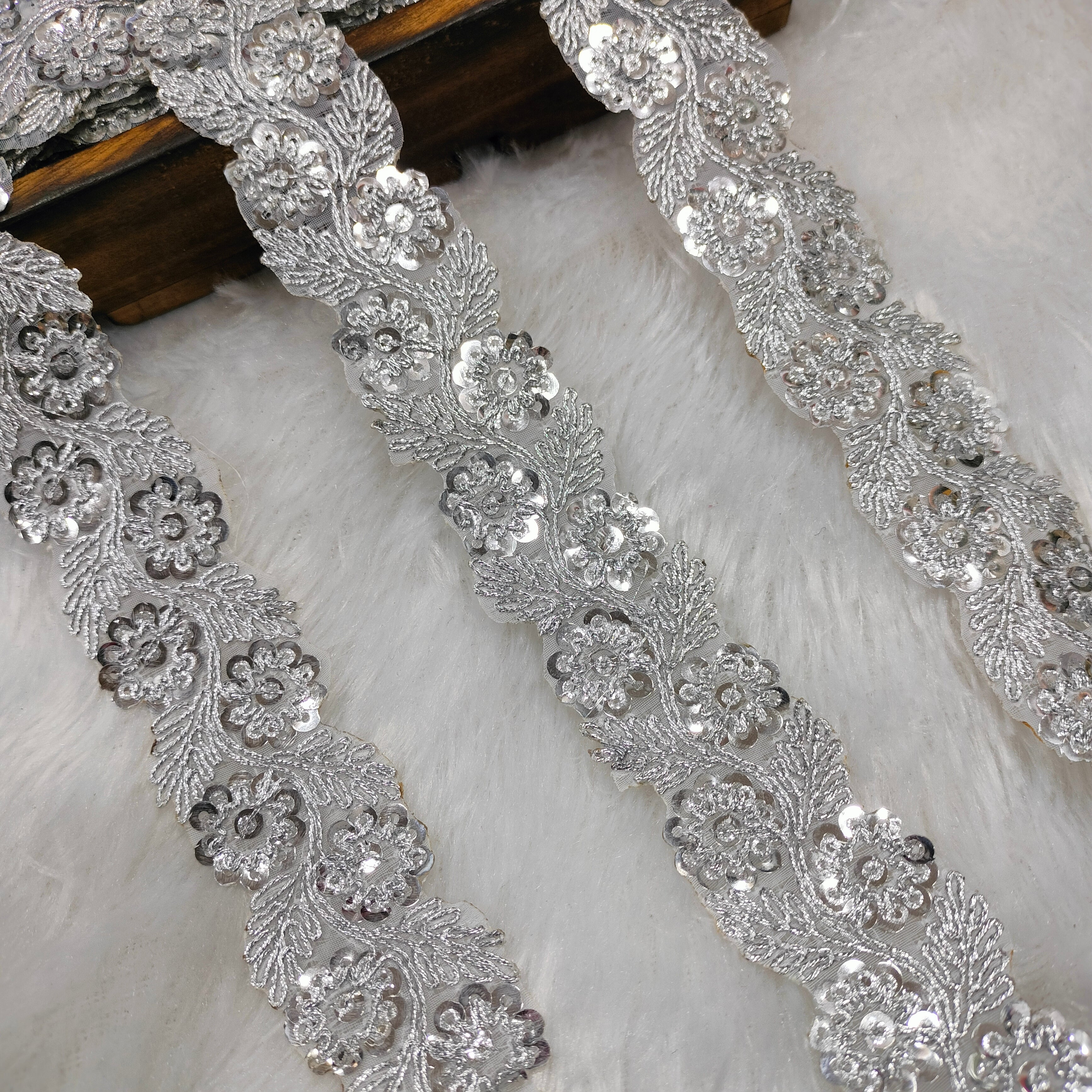 Floral Embroidered Sequin Lace Trim on Sheer Base for Bridal & Designer Wear
