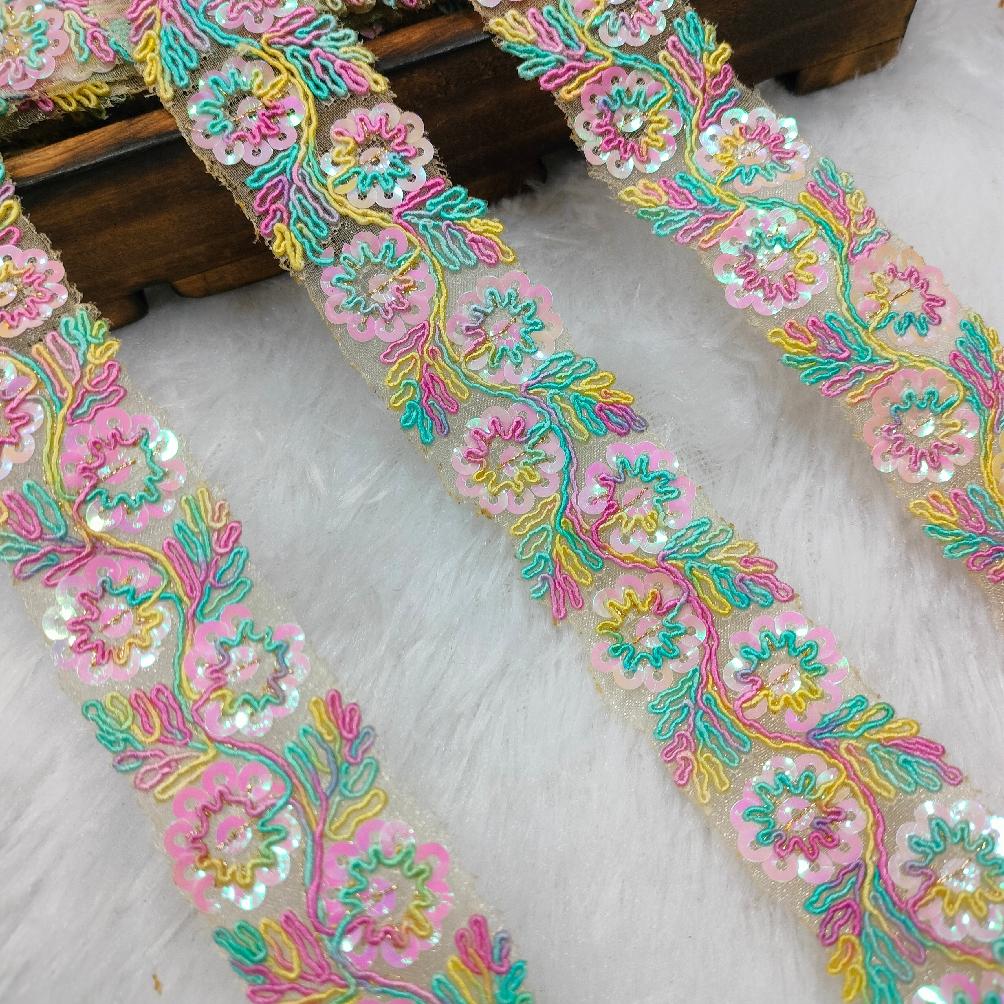 Floral Embroidered Sequin Lace Trim on Sheer Base for Bridal & Designer Wear