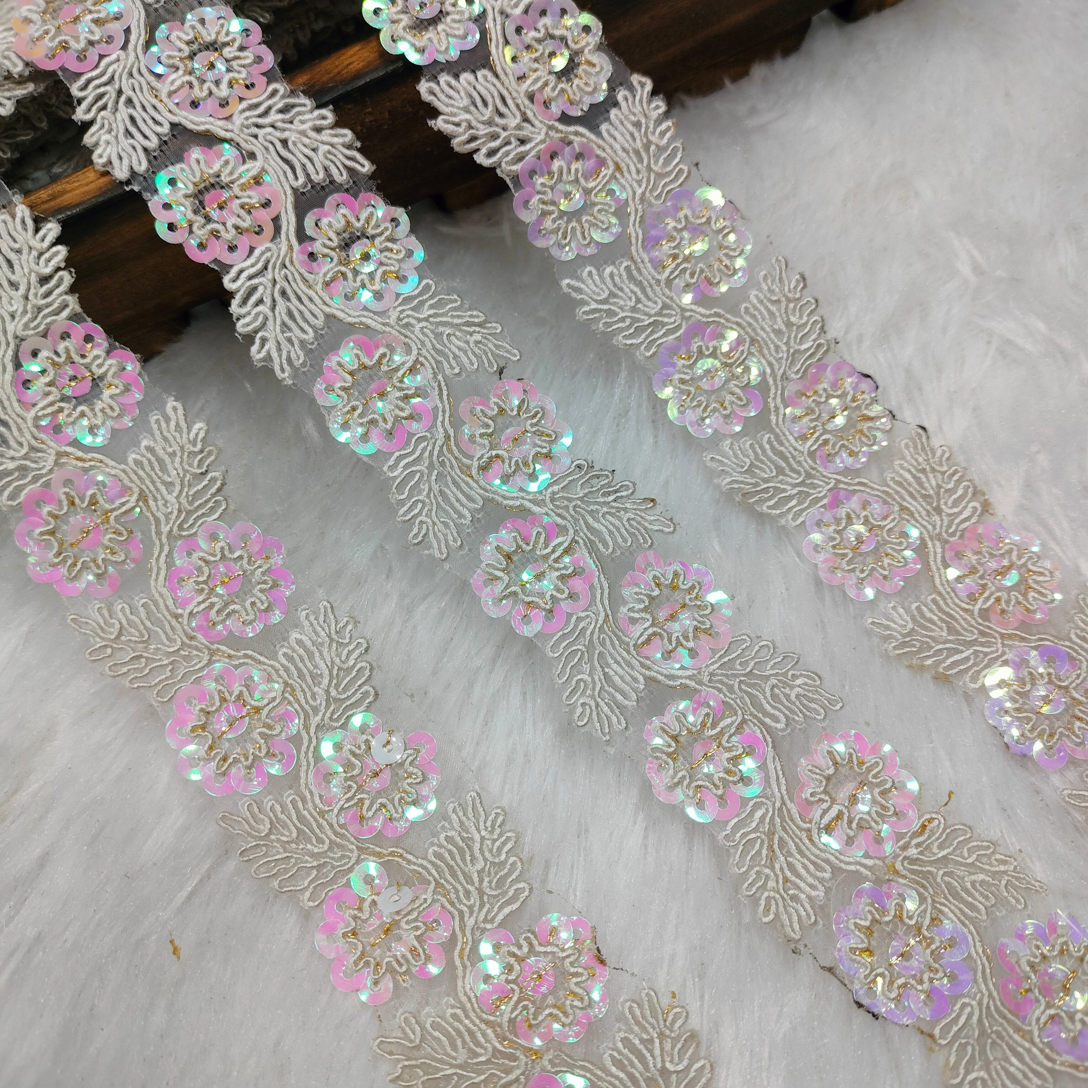 Floral Embroidered Sequin Lace Trim on Sheer Base for Bridal & Designer Wear