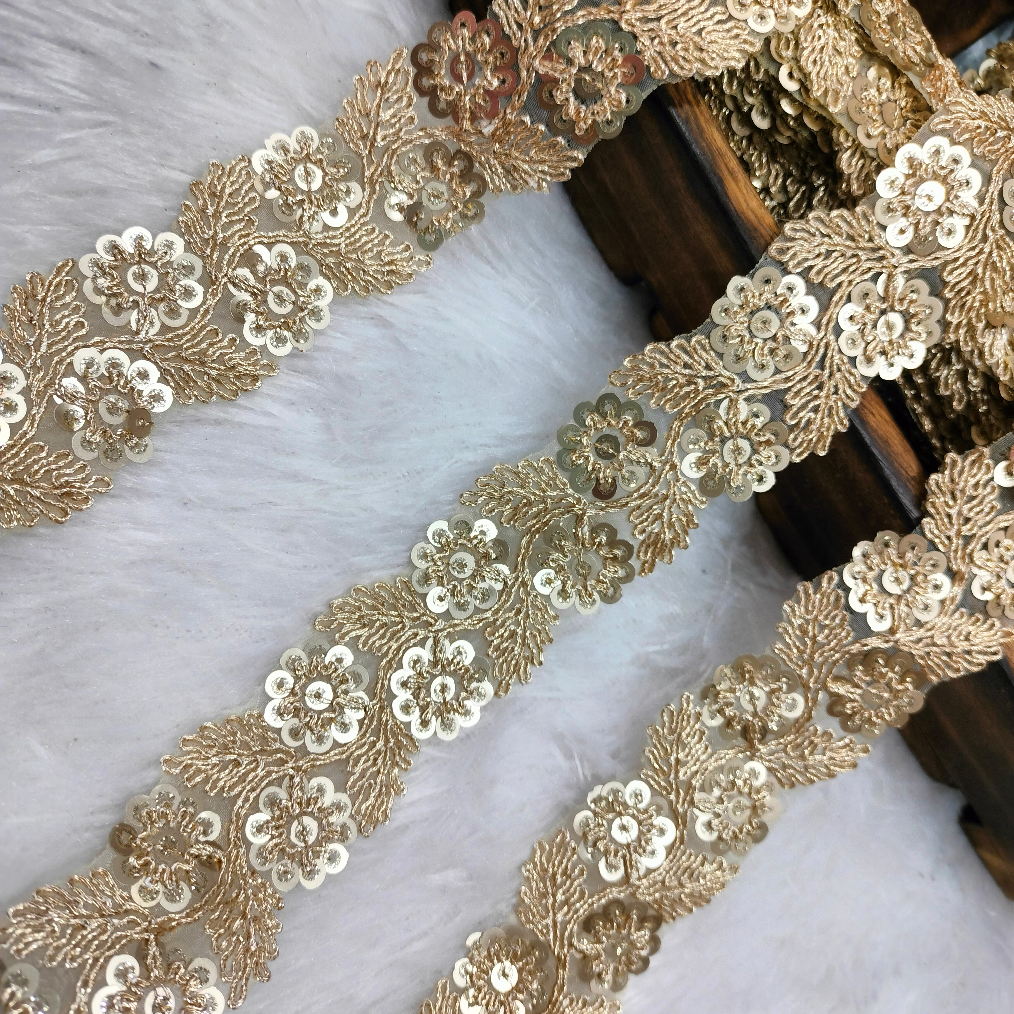 Floral Embroidered Sequin Lace Trim on Sheer Base for Bridal & Designer Wear