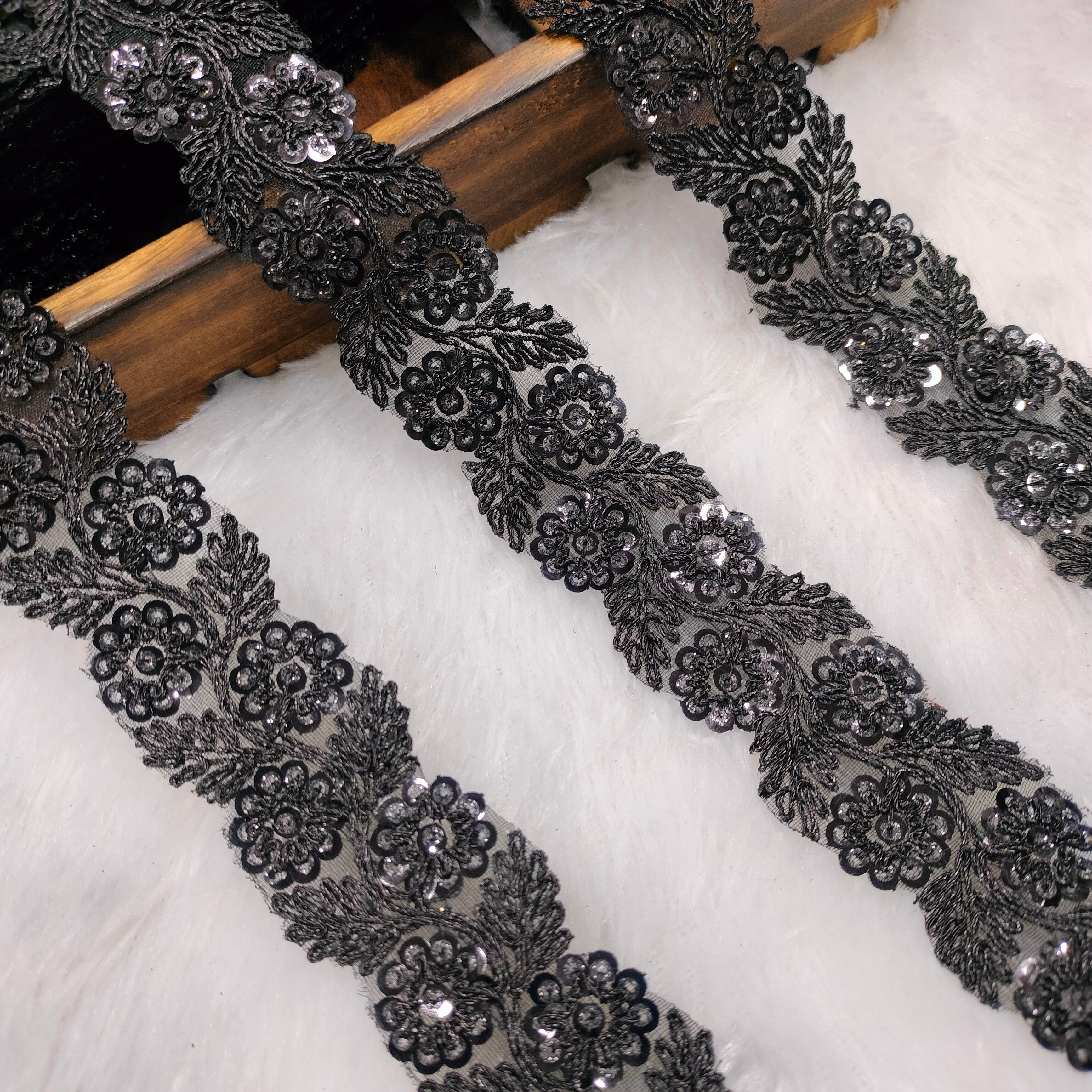 Floral Embroidered Sequin Lace Trim on Sheer Base for Bridal & Designer Wear