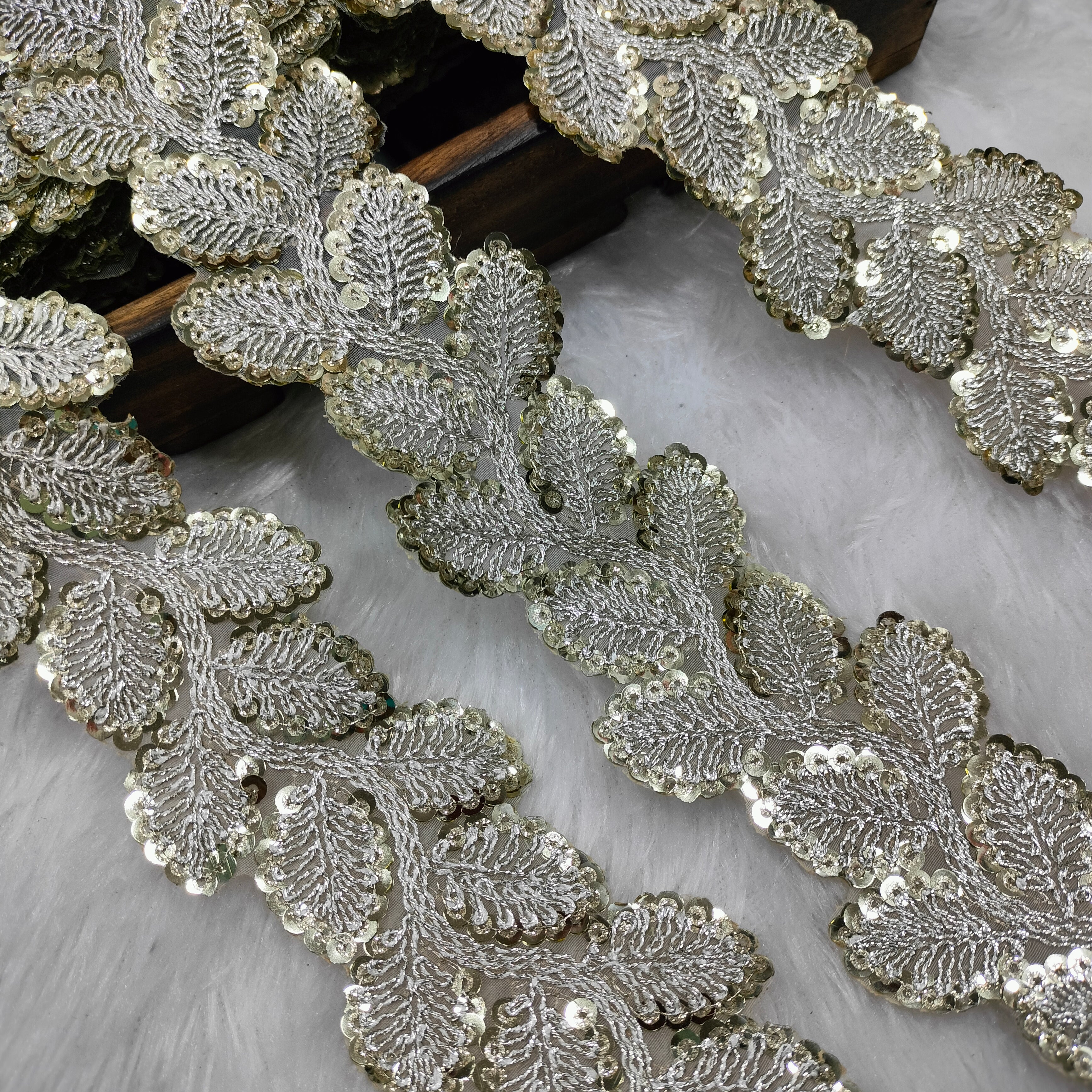 Leaf Embroidered Sequin Lace Trim on Sheer Base for Bridal & Designer Wear