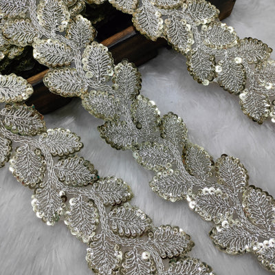 Leaf Embroidered Sequin Lace Trim on Sheer Base for Bridal & Designer Wear