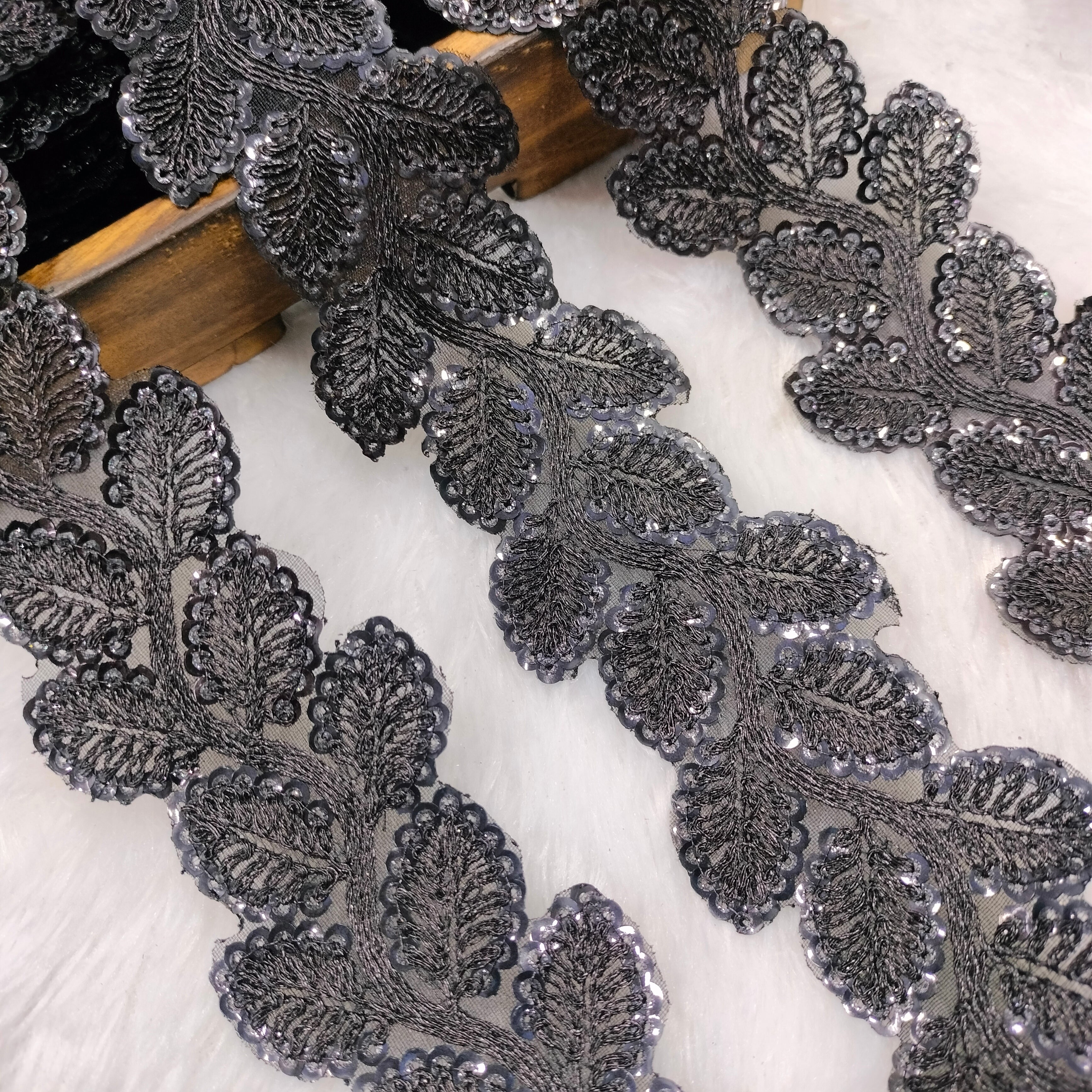 Leaf Embroidered Sequin Lace Trim on Sheer Base for Bridal & Designer Wear