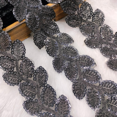 Leaf Embroidered Sequin Lace Trim on Sheer Base for Bridal & Designer Wear hover