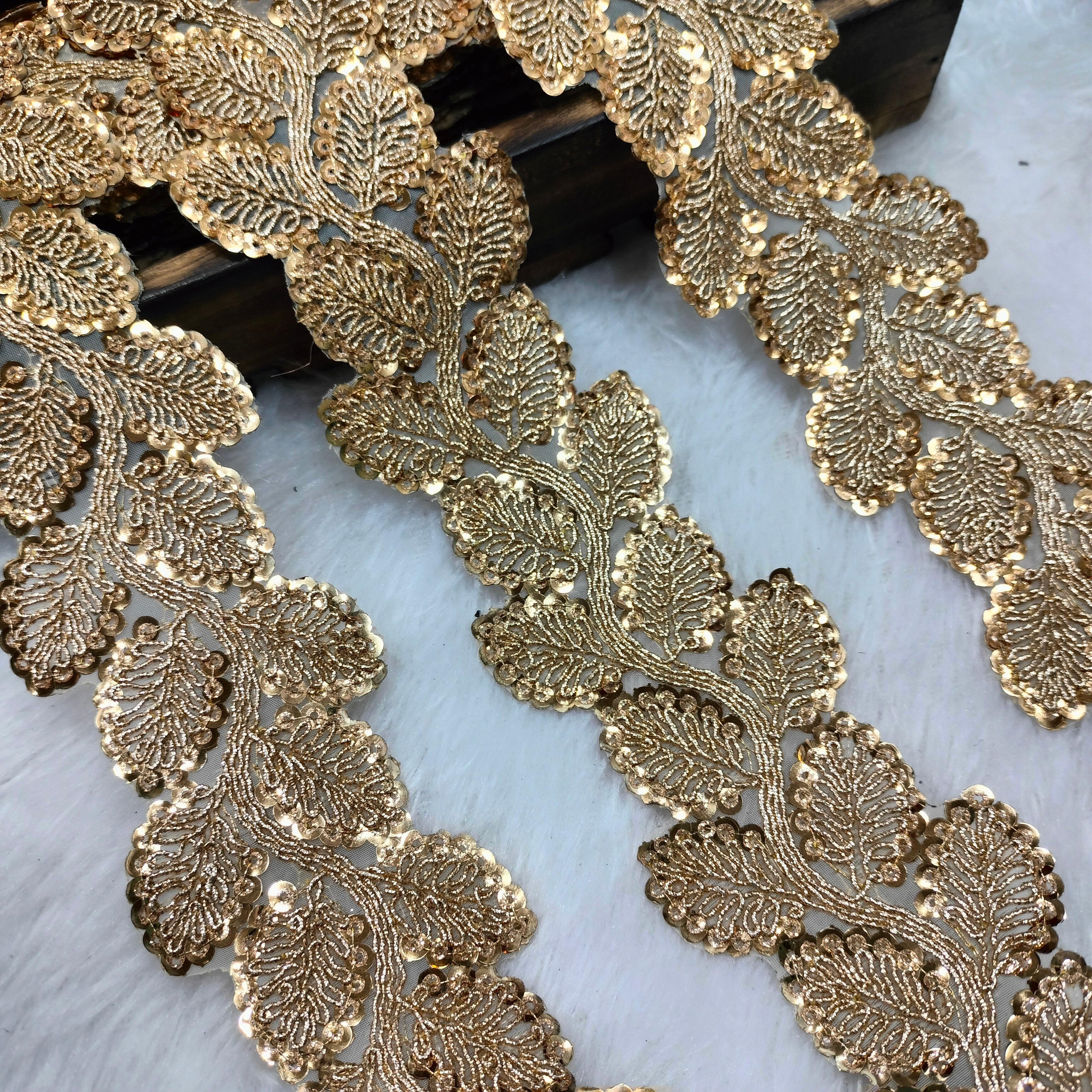 Leaf Embroidered Sequin Lace Trim on Sheer Base for Bridal & Designer Wear