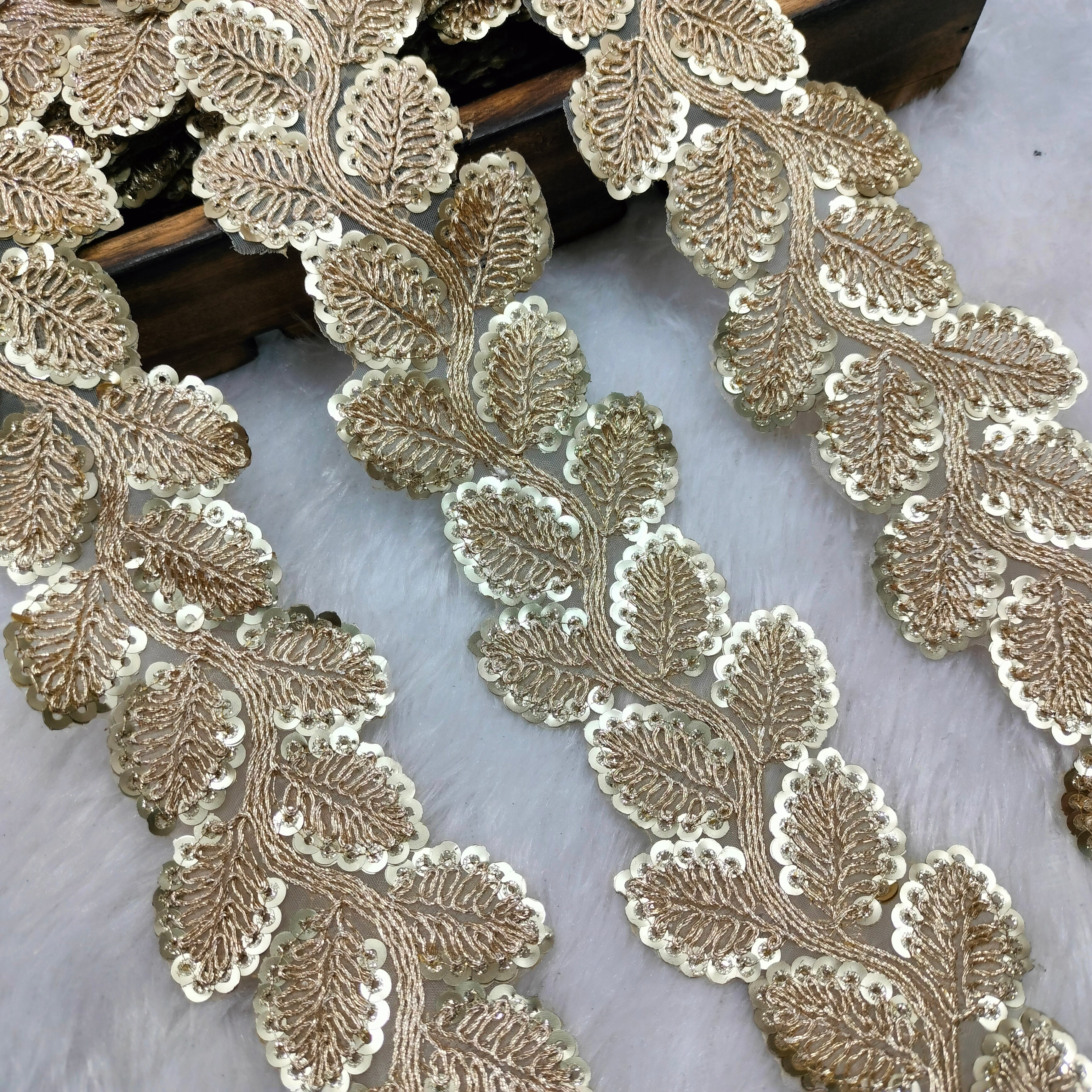 Leaf Embroidered Sequin Lace Trim on Sheer Base for Bridal & Designer Wear