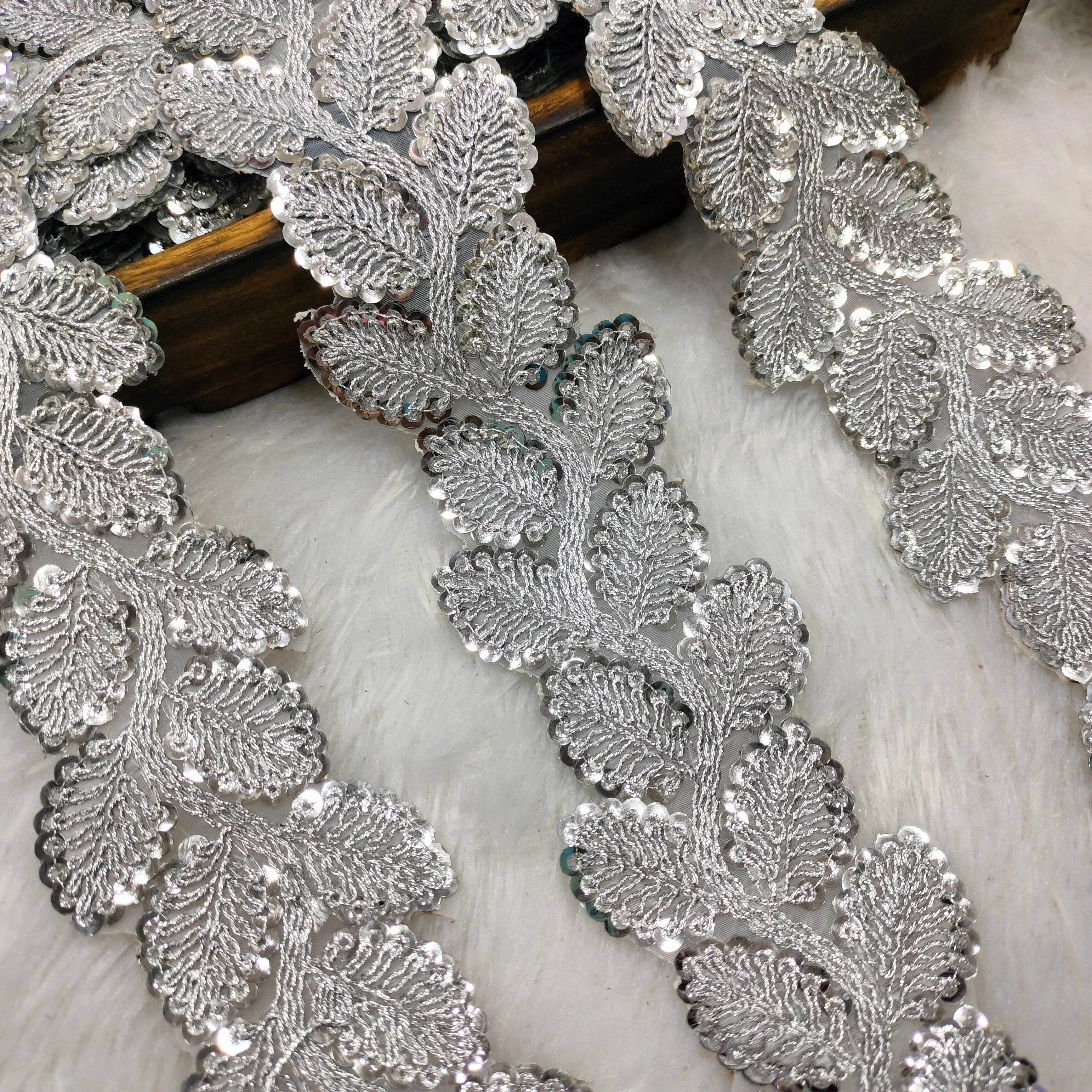 Leaf Embroidered Sequin Lace Trim on Sheer Base for Bridal & Designer Wear
