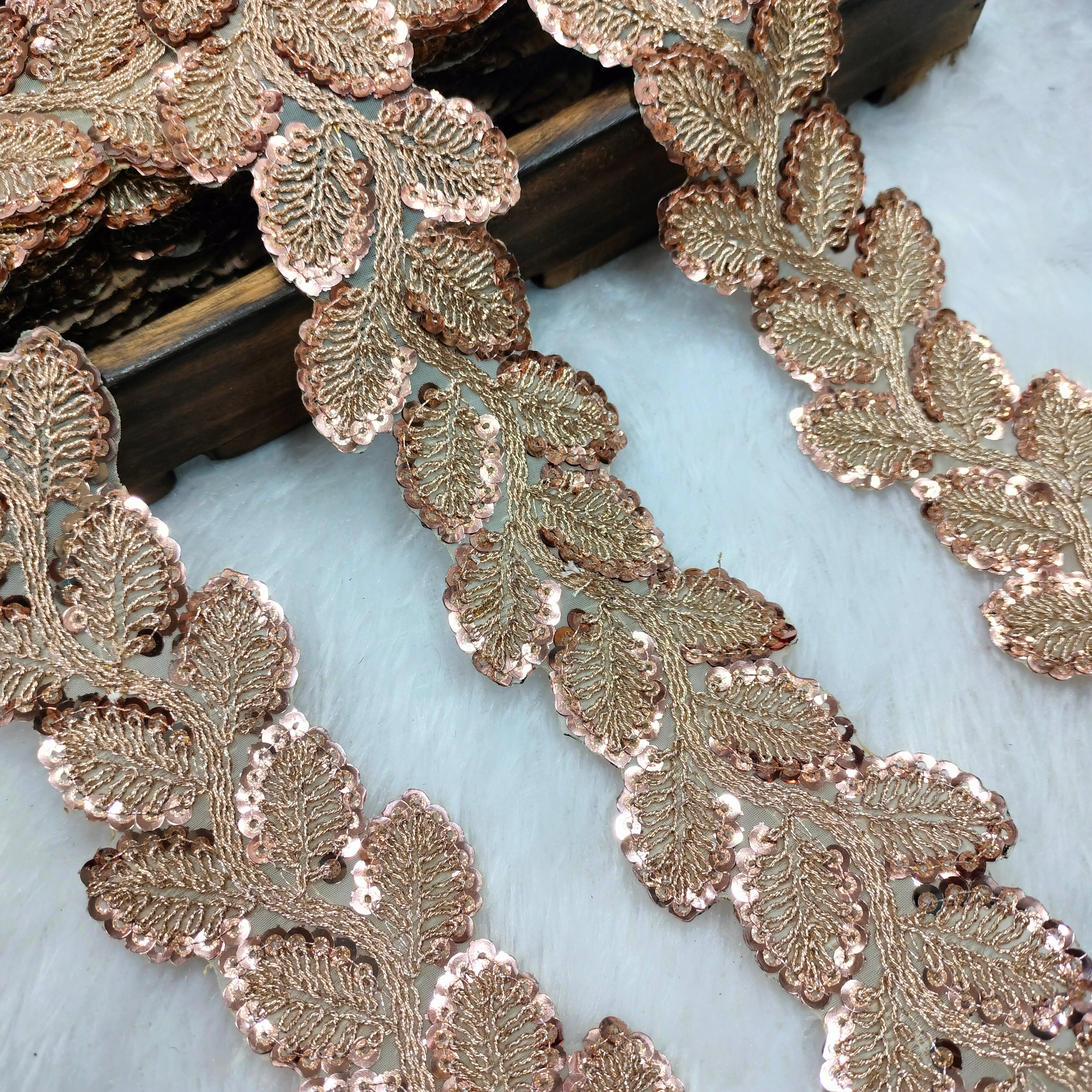 Leaf Embroidered Sequin Lace Trim on Sheer Base for Bridal & Designer Wear