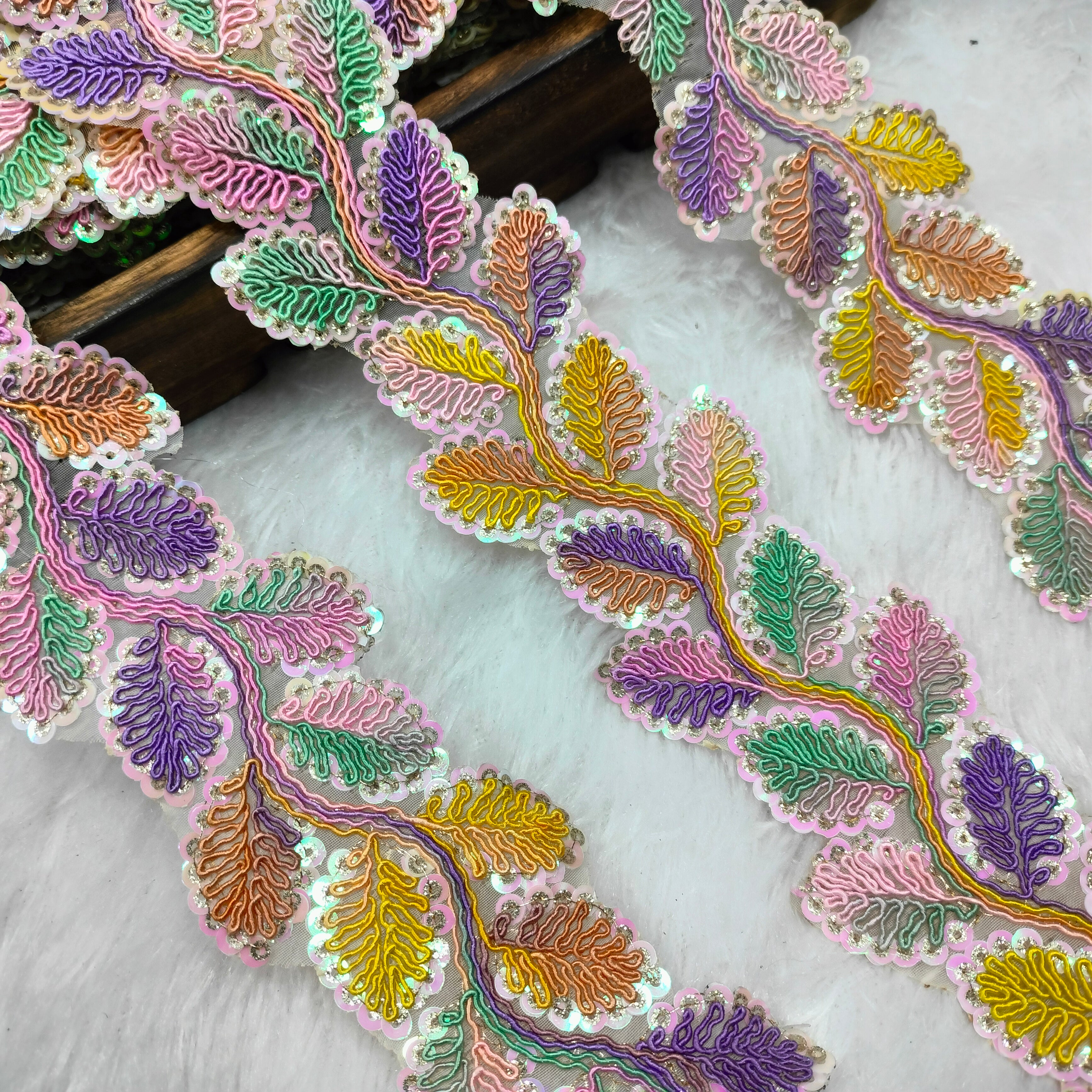 Leaf Embroidered Sequin Lace Trim on Sheer Base for Bridal & Designer Wear