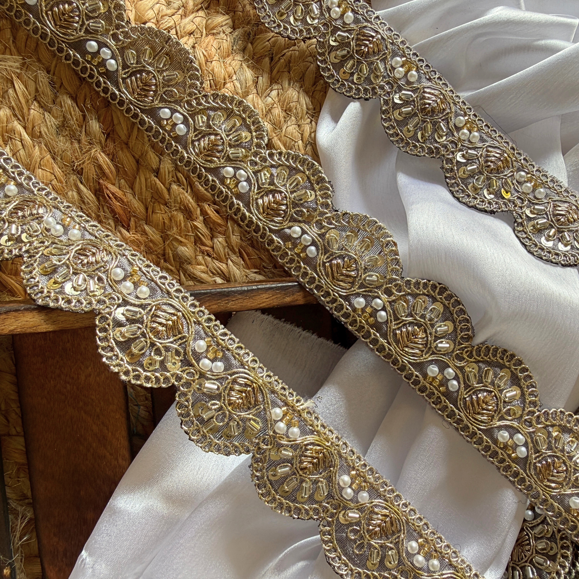 Scalloped Embellished Lace Trim with Pearl, Sequin & Bead Work for Bridal Wear