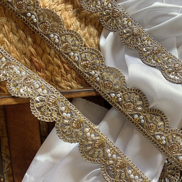 Scalloped Embellished Lace Trim with Pearl, Sequin & Bead Work for Bridal Wear