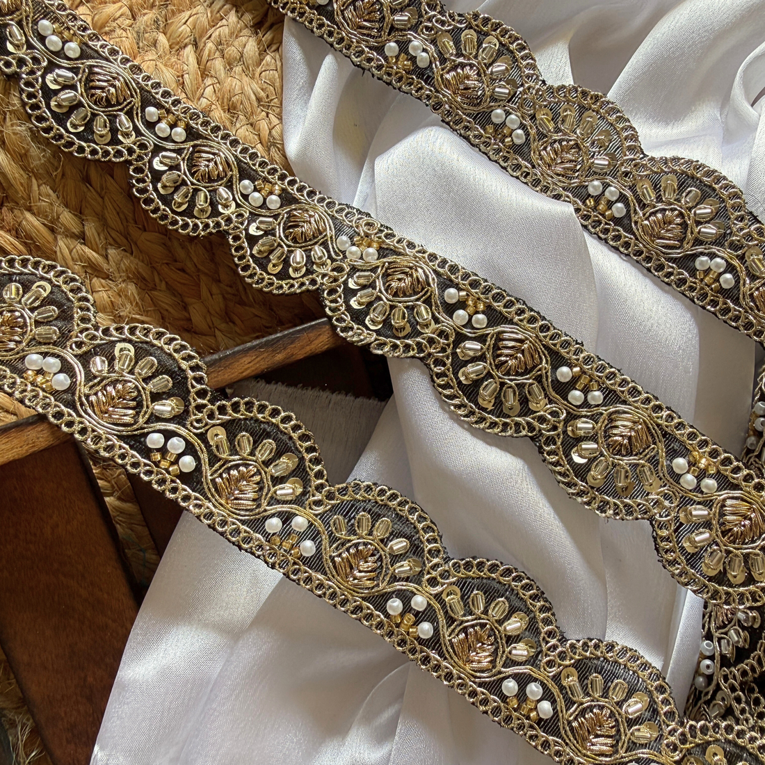 Scalloped Embellished Lace Trim with Pearl, Sequin & Bead Work for Bridal Wear